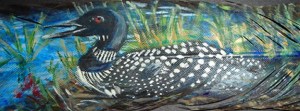Loon on nest painted on feather