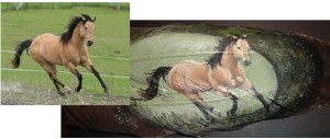 Buckskin Horse painted on feather, with photo