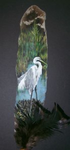 Snowy Egret on Nest painted on feather