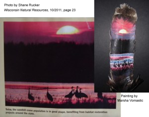 Cranes sunset on feather with original photo