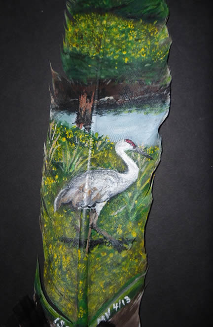 close-up of Crane in flowers on feather