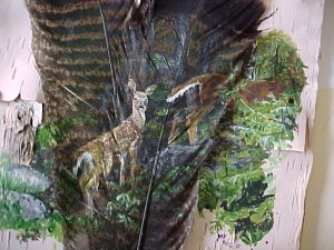 Fawn Following Doe on feather mounted on birch bark