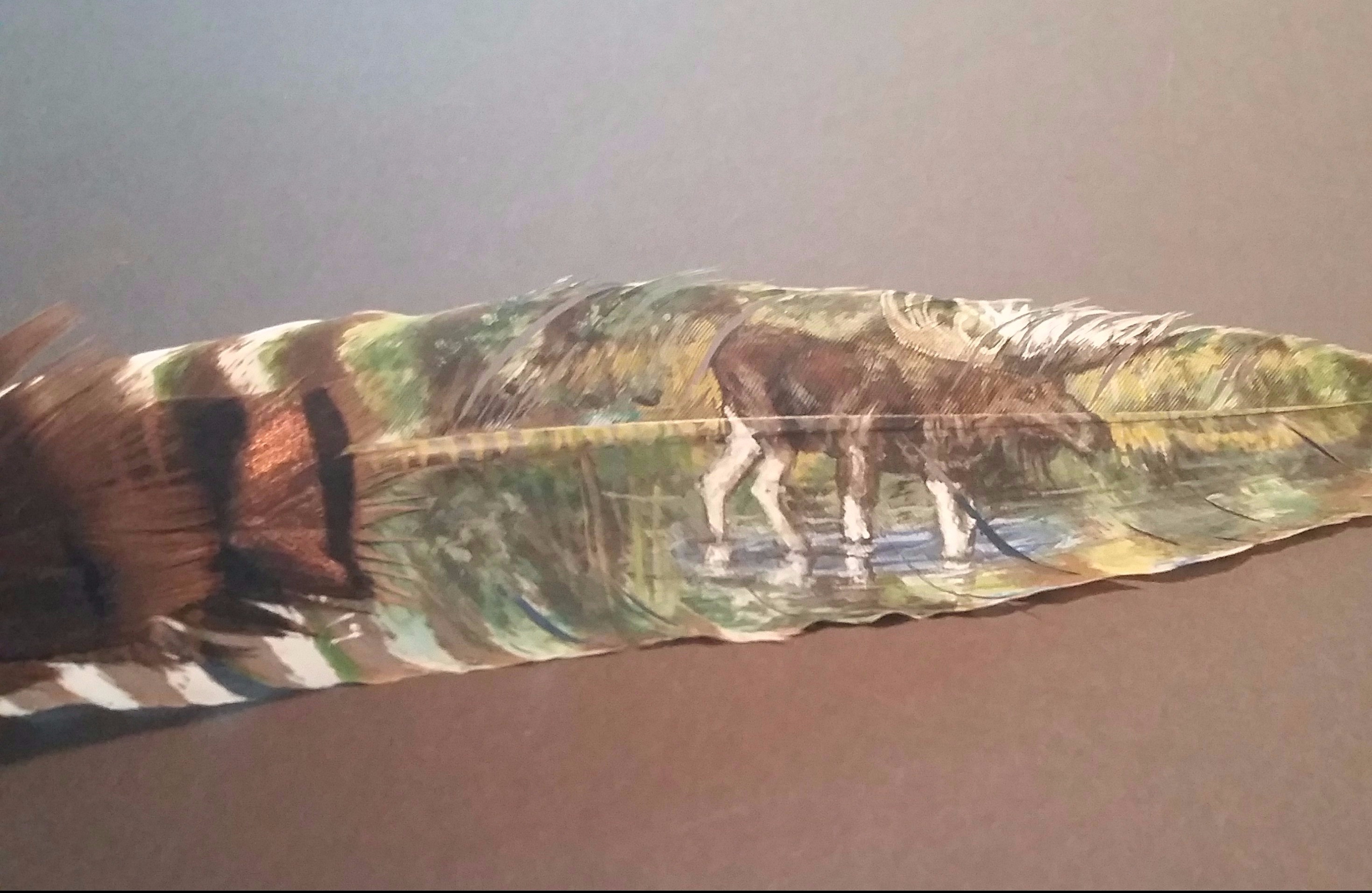 Moose looking for green in a wetland painted on a turkey feather.