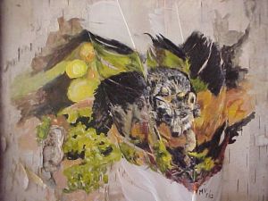 Wolf on the Prowl on feather merged with background on birch bark