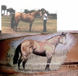 Horse painted on feather, with photo