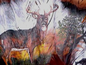 Close-up of deer scene on turkey fan feathers