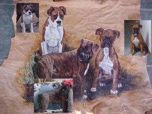 Close-up of Boxers painted on deer hide