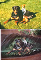 Rottweiler and a Jack Russel terrier painted on a feather