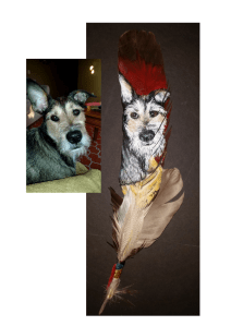 Denver the dog painted on a feather