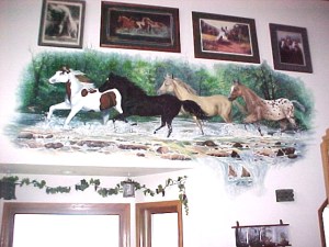 Mural of clients own horses painted into a favorite scene